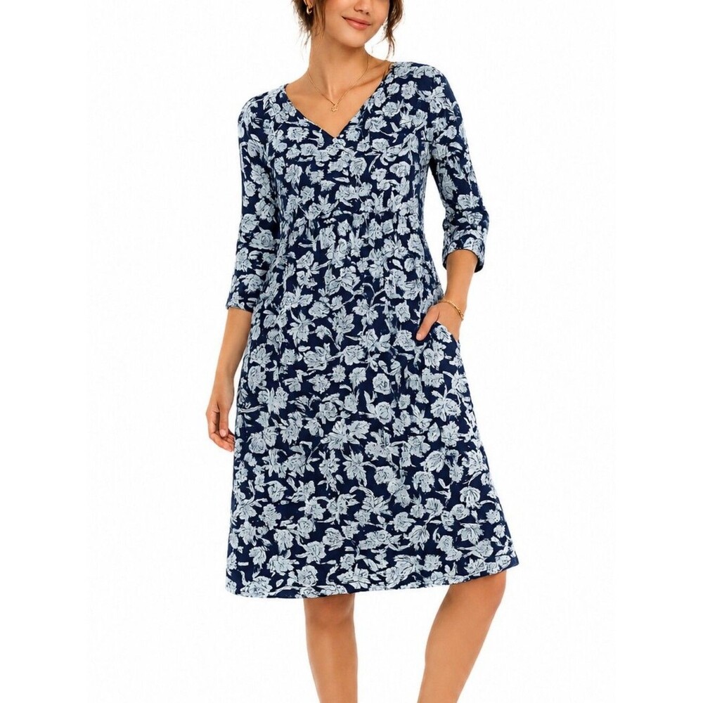 J. Jill Navy Floral Knit Dress Relaxed Fit 3/4 Sleeves Pockets Stretch M Tall